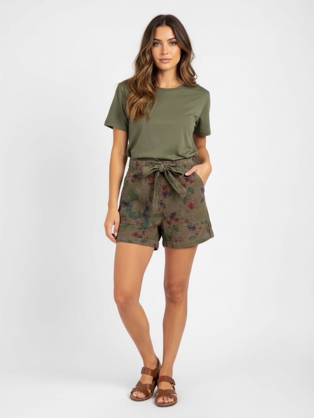 Anthropologie Sanctuary Green Floral Linen Blend Tie Front Shorts Size 25